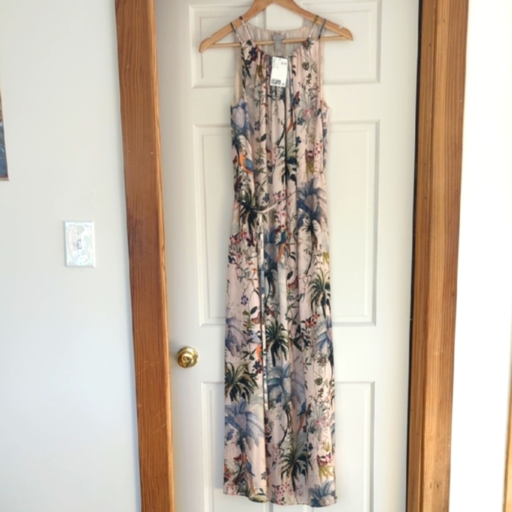 NWT H&M Tropical Print Halter Cream and Blue Maxi Dress